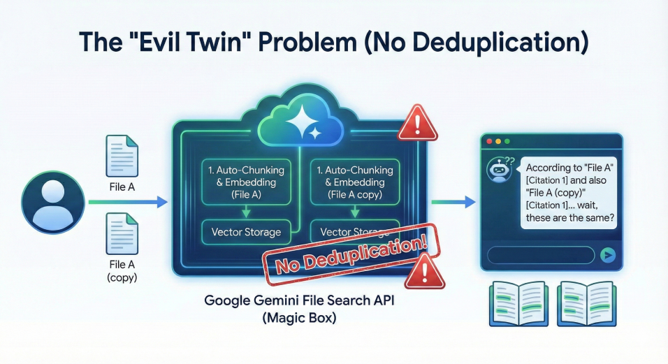The evil twin problem, no deduplication in Google File Search